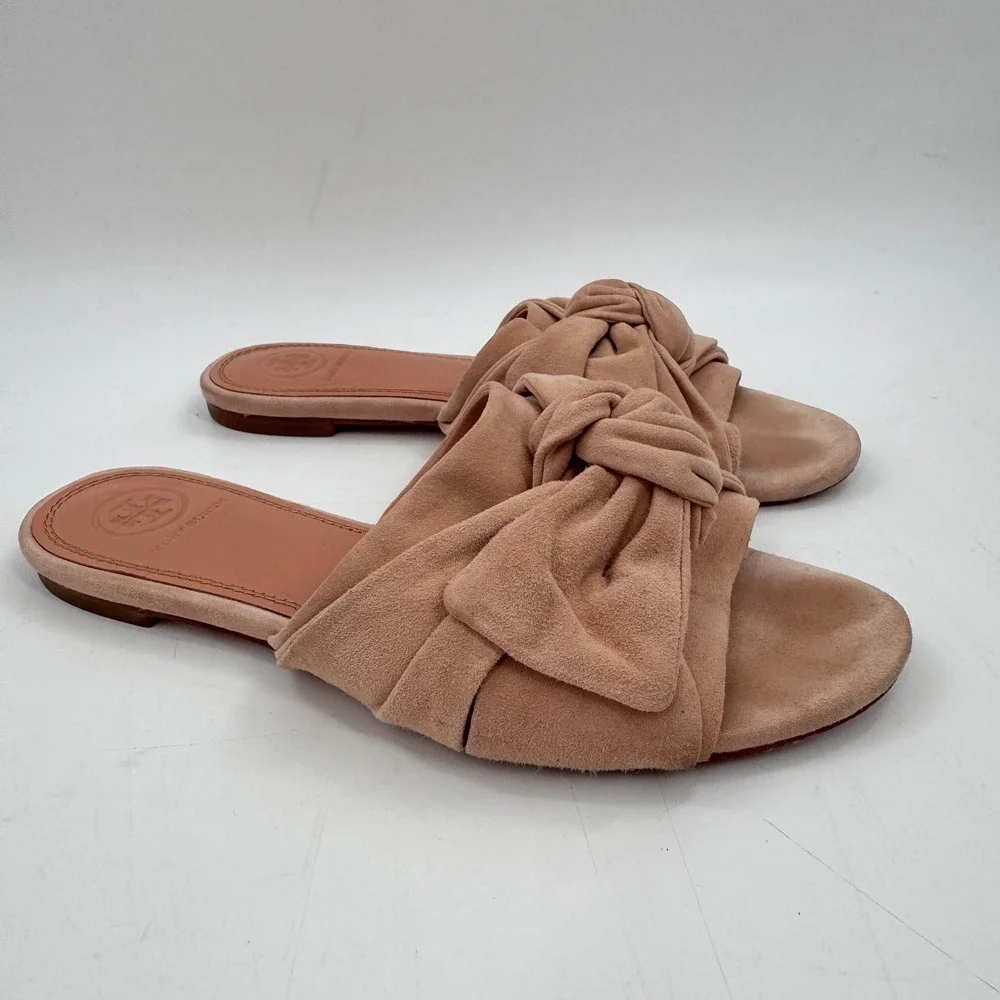 Tory Burch Annabelle Bow Suede Slide Sandals Blush Nude Size 6.5 Leather Sole
